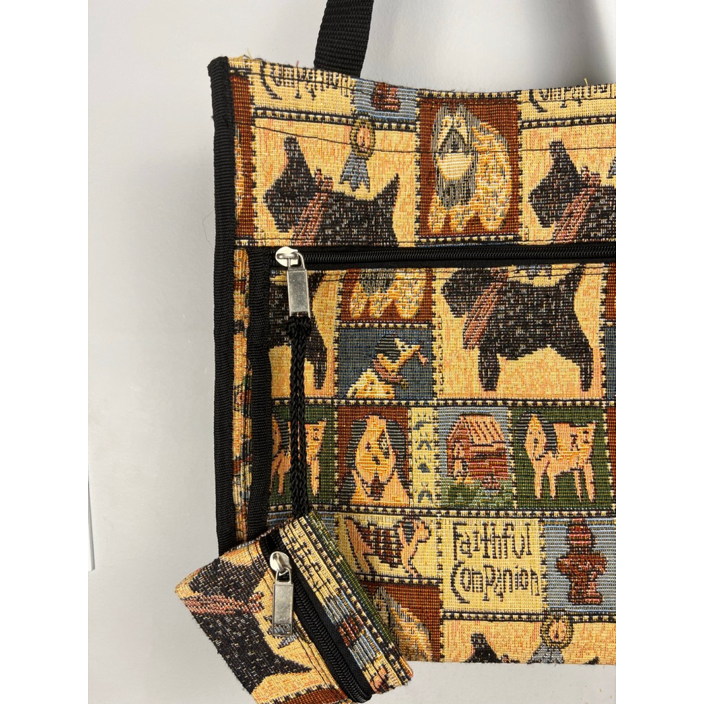 Yuhong Tapestry Tote Bag w/ Coin Purse Tan/Black Dog Print. Faithful Companion - Picture 3 of 7